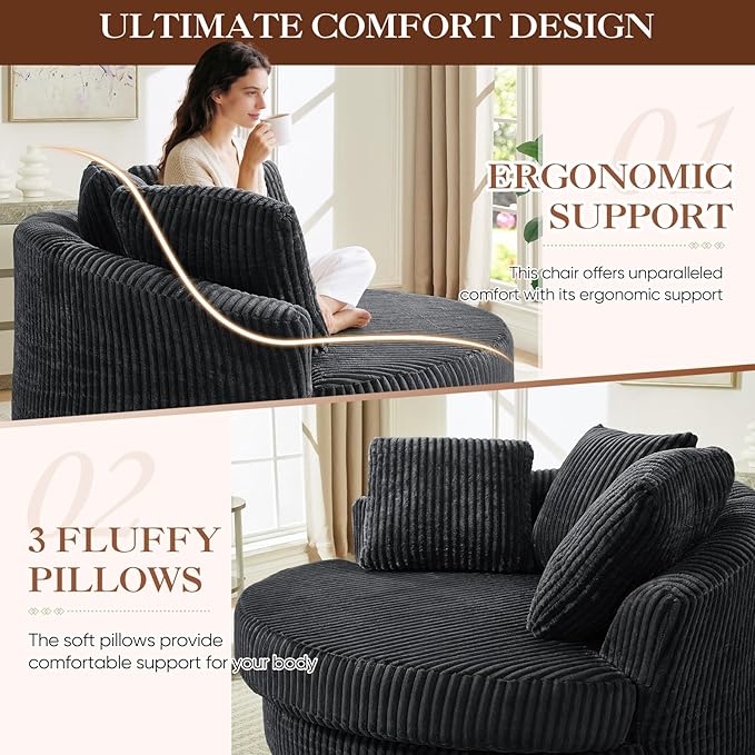 61"W Oversized Round Chaise Lounge Chair Indoor, Upholstered Corduroy Large Circle Boneless Chair with Deep Seat, No Assembly Required, Modern Comfy Cloud Sofa Chairs for Living Room, Bedroom(Grey)