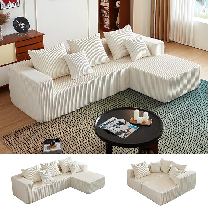 102" Modular Sectional Sofa for Living Room,Boneless Couch in A Box with Ottoman,Memory Foam Sectional Couches for Apartment,Cloud Couch No Assembly Required,Beige