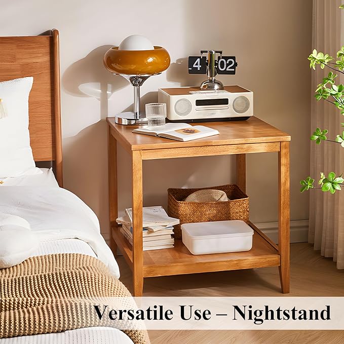 Cttasty Side Table, Solid Wood Square End Table with Storage Shelf, 2-Tier Coffee Table for Living Room, Rubber Wood Small Sofa Table, Nightstand 23.62 H x 23.62 W x 23.62 D Inches (Natural)