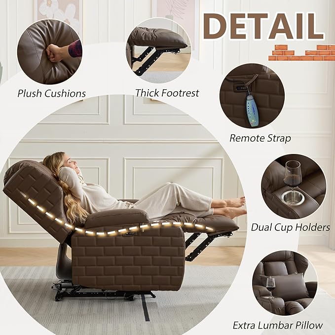 Wall Hugger Power Recliner Chair with Heat and Massage, Overstuffed Reclining Sofa Chair for Living Room Home Theater RV with 3-Side LED Lights/Cup Holders/USB & Type C Port (Coffee)