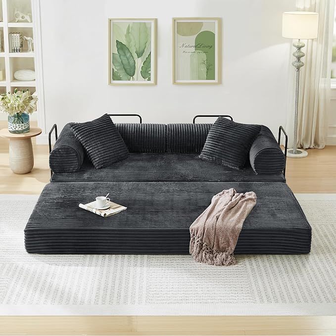 Modular Couch Bed, Convertible Folding Plush Corduroy Comfy Floor Memory Foam Compression Loveseat Sleeper Sofa Couch, King Size Bed for Guest Room Living Room Bedroom, No Assembly Required, Dark Grey
