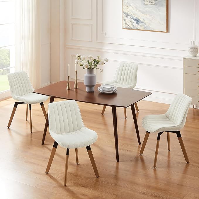 Art Leon Dining Chairs Set of 4, Mid Century Modern Swivel Dining Room Chairs, Fabric Upholstered Armless Side Chairs with Wood Legs for Kitchen Living Room Bedroom, Off White