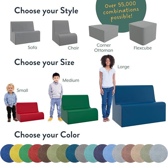 Children's Factory Small Contour Sofa, Mix-and-Match Kids Chairs, Sofas, Corner Ottomans and Cubes, Foam-Filled and Water-Resistant, Flexible Seating for Classroom Elementary, Walnut Kids Couch