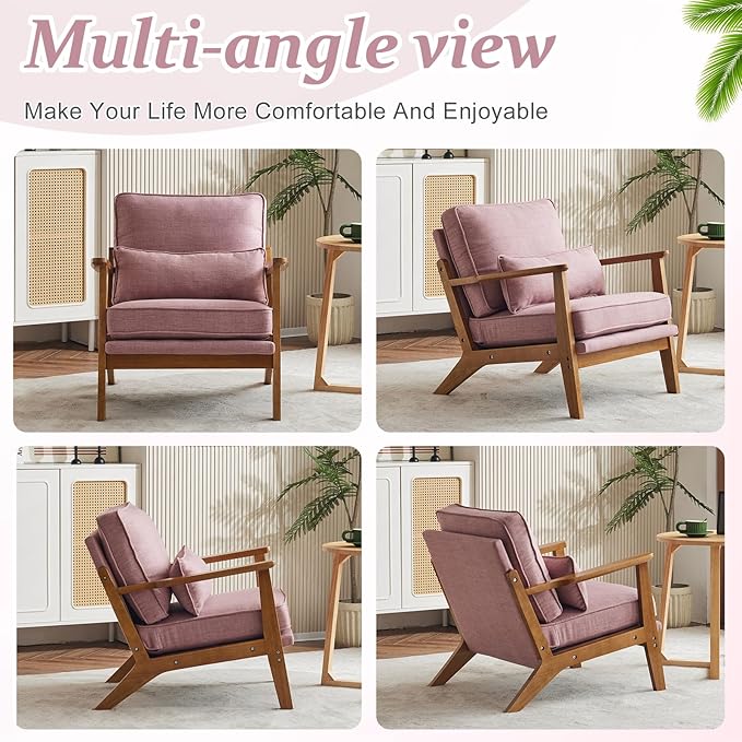 VINGLI Solid Wood Wide Armrests Accent Chair,Upholstered Mid Century Modern Chair with Pillow,Comfy Reading Chair Farmhouse Arm Chair,Chairs Living Room,Bedroom,Guest Room,Linen Fabric,Peachy Red