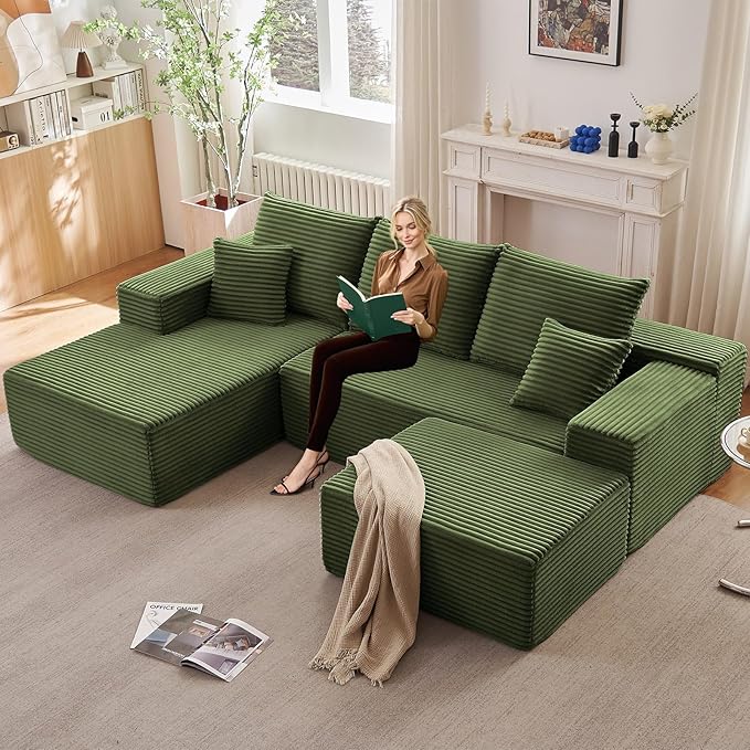 107" W Cloud Sectional Couch with Ottoman,Modern U-Shaped Cloud Couch with Deep Seat,Comfy Corduroy 3-Seater Sofa,Memory Foam Sofa for Living Room,No Assembly (Green,Right-Facing Chaise)
