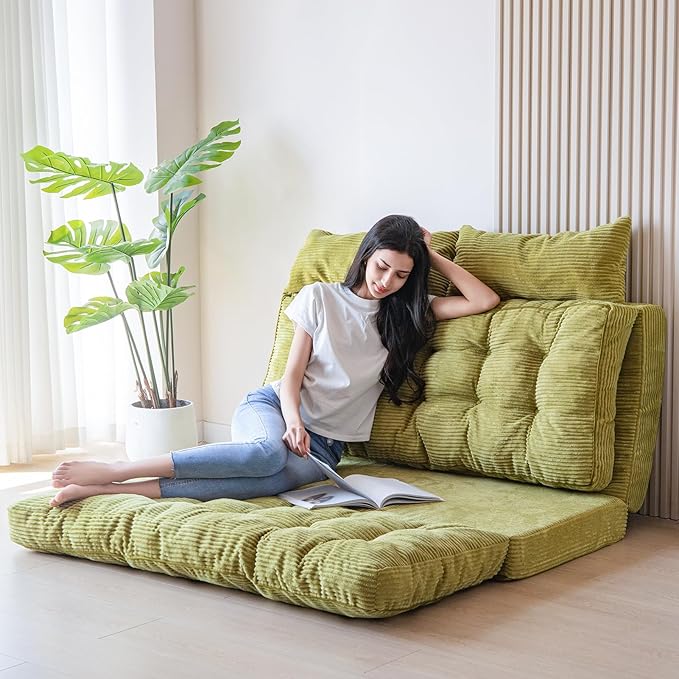 MAXYOYO Bean Bag Bed Tufted Folding Sofa Bed with Pillows Floor Mattress for Adults, Extra Thick and Long Floor Sofa, Single Couch for Bedroom Living Room, Green, 30x91 Inch