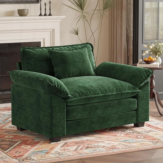 HUSFU 49.5'' W Oversized Accent Chair, Chenille Cloud Sofa Chair with Deep Seat and Extra Wide Armrests, Comfy Reading Armchair for Bedroom, Living Room, Green