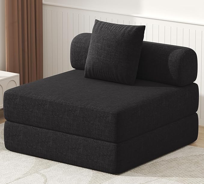 DURASPACE Folding Sofa Bed Convertible Foam Floor Sleeper Mattress Couch with Frame, Single Boneless Fold Out Lounger Chair Bed for Living Room Bedroom (Chenille Black)