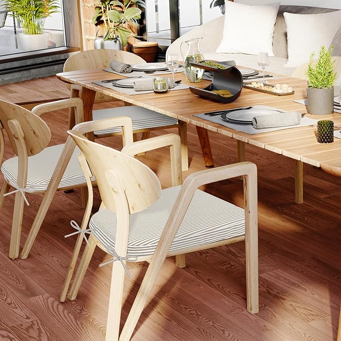AAAAAcessories D-Shaped Chair Cushions, 2" Thick Dining Chair Pads with Ties and Removable, Machine-Washable Cover, 17" x 16", Natural Sand Pinstripe