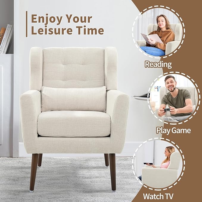 CHSICFOR Modern Accent Chair, Upholstered Arm Chair with Waist Pillow, Single Sofa Chair for Living Room Bedroom Small Spaces (Beige)