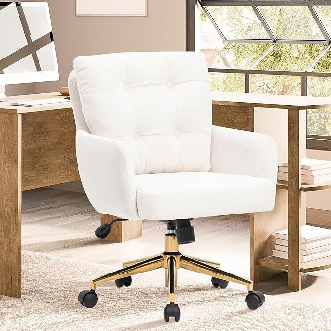 BALIAA Flannel Office Chair, Comfy Home Office Desk Chairs with Lumbar Support, Modern Velvet Desk Chair Gold Legs Small Swivel Task Chair for Home Office, Bedroom, Study (Beige, L)