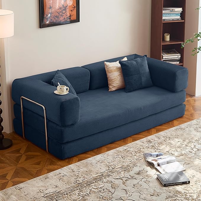 LIAROO 78.8" Convertible Sofa Bed -Compression Sofa with Corduroy Fabric - with Armrests and Backrest - Modular Sectional for Living Room, Bedroom, Studio - Compression Sofa in Box (Dark Blue)