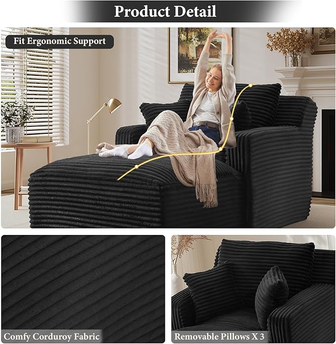 VEPXXP 65.4" Chaise Lounge Chair Indoor, Oversized Boneless Couch Comfy Upholstered Sleeper Sofa Bed with 3 Pillows, Corduroy Cloud Reading Chair for Living Room No Assembly Required, Black