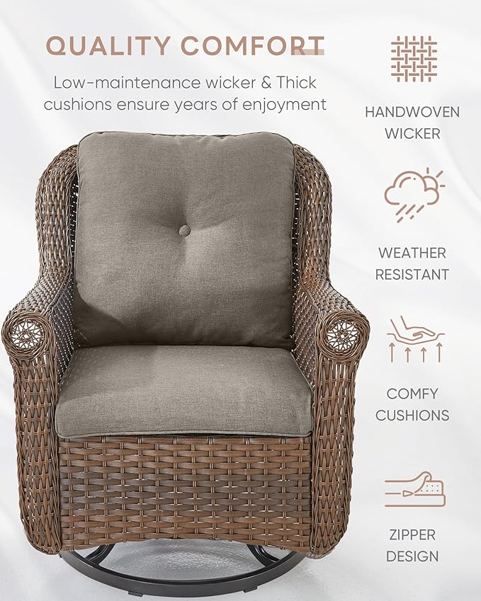 ACTREST Patio Chairs Outdoor Swivel Glider - Set of 2 High Back Outside Brown Wicker Rattan Rocking Chair with Zippered Cushion for Porch Apartment Deck Yard Poolside Garden - Grey