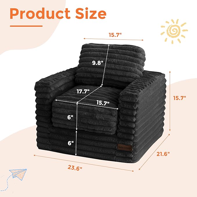 MAXYOYO Kids Bean Bag Chair, Comfy Faux Fur Bean Bag Sofa with Filler, Upholstered Floor Sofa with Pillows and Armrests, Lazy Floor Chair Couch for Boys and Girls, Black