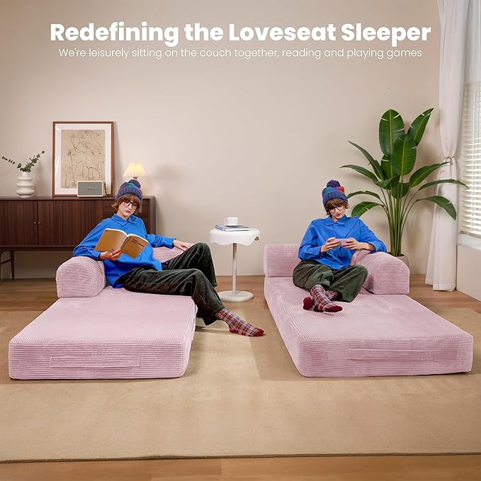 Convertible Sleeper Sofa Bed, 78" Corduroy Foldable Boneless Modular Couch, Memory Foam Compressed Sofa in A Box W/Plush Fabric Comfy Floor Lounge Couch for Living Room Apartment Bedroom, Pink