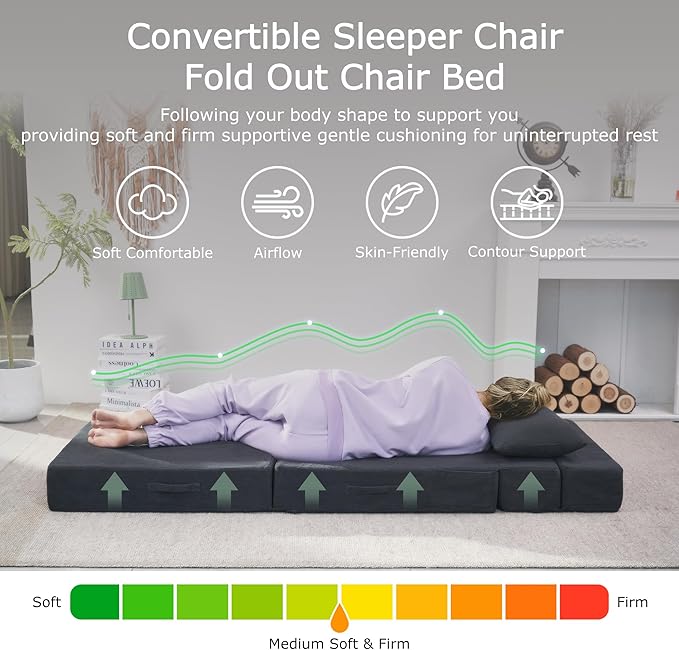 HILERO Folding Sofa Bed, 4 in 1 Convertible Sleeper Chair with Pillow, Single Memory Foam Fold Out Chair Bed, Modern Floor Futon Sofa Couch Mattress for Living Room/Guest/Apartment, Dark Grey