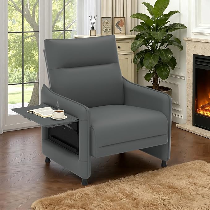 Tbillionnext Upholstered Accent Sofas Set of 2, Modern Faux Leather Sofa Chairs with Hidden Foldable Tray & Side Pocket, Rear Contour Arm Design, Small Accent Sofas for Living Room, Gray