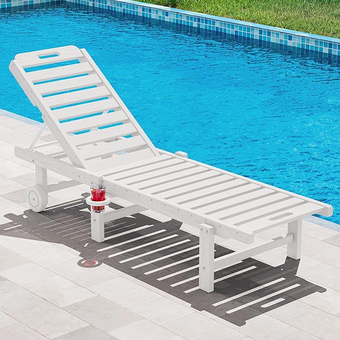 SERWALL Patio Chaise Lounge Chair, Outdoor Lounge Chair with 5 Positions Adjustable Backrest, HDPE Lounger with Rolling Wheels & Cup Holder for Poolside, Beach, Garden, White