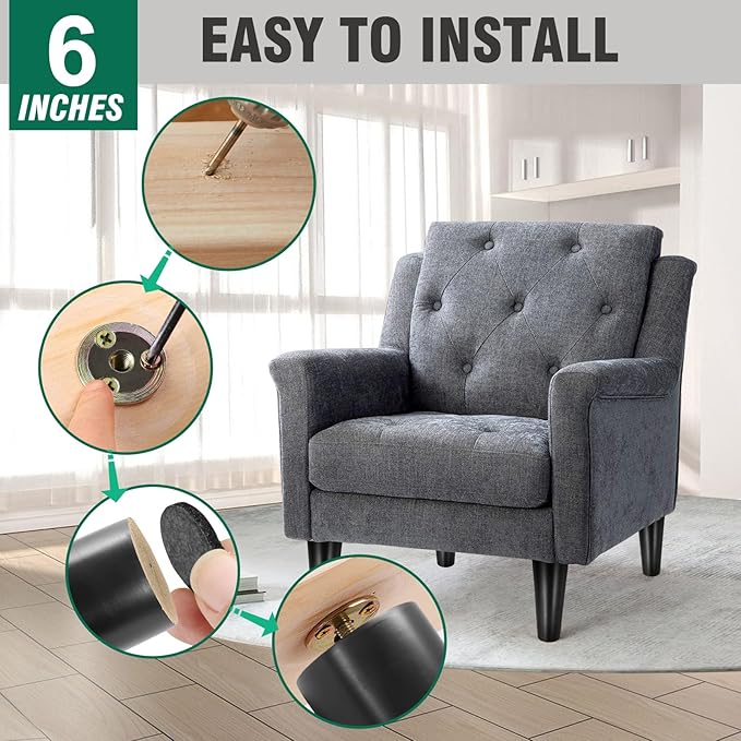 FoDau770 Black Rubber Wood Furniture Legs 6 Inches, Straight Tapered Wood Feet Mid Century Sofa Legs Set of 4, 5/16" UNC Furniture Feet for Cabinet Couch Dresser Chair Ottoman Table