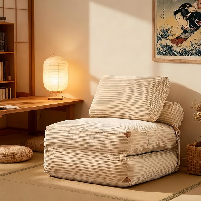 75''Foldable Sofa Bed,Beige Convertible Folding Sleeper Chair Bed,Foldable Single Sofa Foam Filling Couch with Pillow, Comfy Corduroy Lazy Floor Sofa for Small Room Living Room Bedroom Apartment