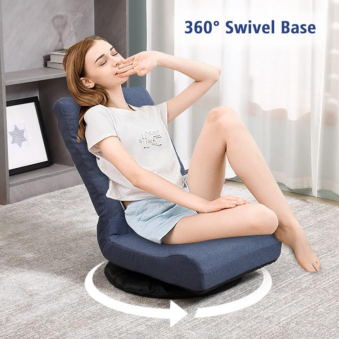360° Swivel Floor Chair with 6-Position Backrest & Lumbar Support - Heavy Duty Folding Game Rocker for 300lbs, Multipurpose Gaming Chair for TV, Reading & Video Games, Blue