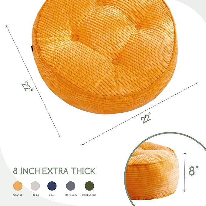 8" Washable Floor Pillow Cushion for Adults, Meditation Cushion Pillow, Large Round Floor Sitting, Removable Tufted Corduroy Cover, for Tatami Living Room or Yoga, 22x22 Inch, 2Pack, Machine Washable