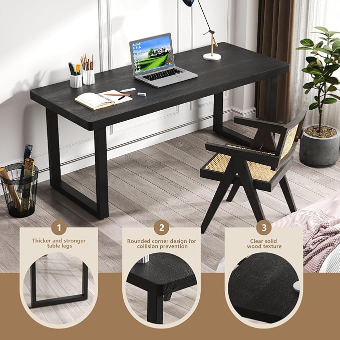 70.87in Large Modern Solid Wood Computer Desk - Sturdy Metal Base | Stylish Durable Black Office/Study Desk, Multiple Sizes for Home Office Workspace