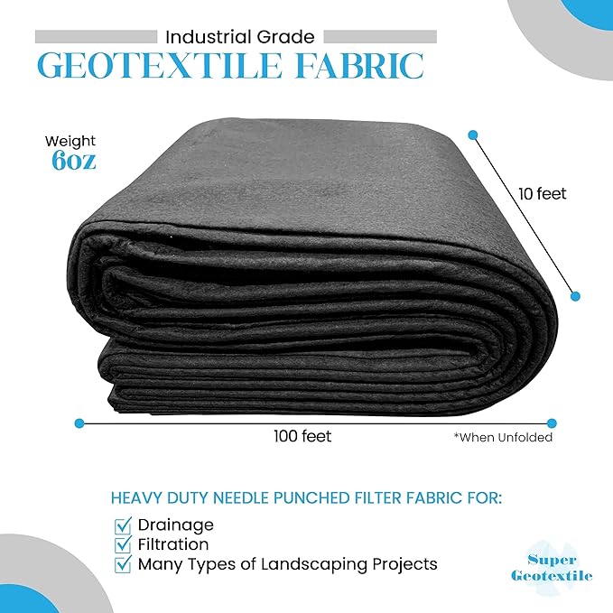 Super Geotextile 4, 6, 8 oz Non Woven Fabric for Landscaping, French Drains, Underlayment, Erosion Control, Construction Projects - 6 oz (10X100)