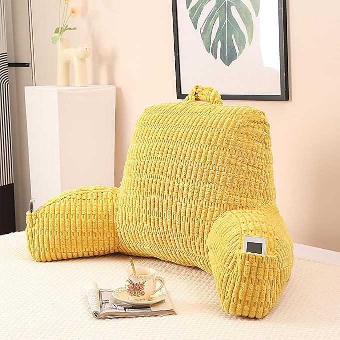 PAJEO Reading Pillow for Sitting in Bed, Large Backrest Reading Pillow with Arm Rest,Back-Rest Support Cushion for Sit Up on Couch, Sofa, and Floor, Dorm Essentials (Yellow Corduroy, Standard(17"))