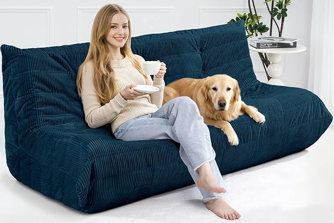 Bean Bag Chair,Giant Beanbag Chairs for Adults,Comfy Large Fireside Chair Lazy Sofa,Corduroy Bean Bag Lounger with Memory Foam Filled,Floor Sofa Couch for Living Room (Navy Blue, 3-Seater)