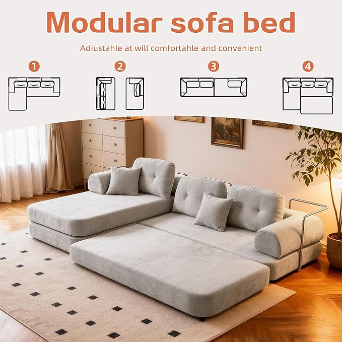 SUYOLS L Shaped 104" Modular Sectional Sofa Bed with Pillows, 8-in-1 Convertible Couch,Sturdy Stainless Steel Frame,Removable Washable Cover,High Resilience Sponge,for Living Room,Apartment,Light Gray