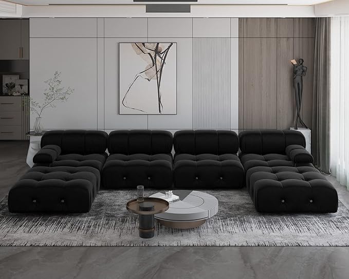 JACH 138" Modular Sectional Couch, U-Shaped Minimalist Velvet Sofas with Chaise Ottomans, Convertible Modern Deep 6-Seat Sofas Furniture for Living Room, Apartment (Black)