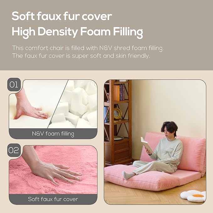 N&V Folding Matress Sofa Bean Bag Bed, Foam Filling Folding Matress Sofa, Includes Removable and Machine Washable Cover, Soft Premium Faux Fur (Medium, White)