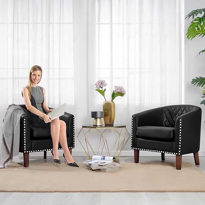 PrimeZone Barrel Chair Set of 2, Comfy Accent Chair, Faux Leather Living Room Chairs Club Chair with Cushion, Nailhead Trim and Diamond Grid Backrest, Reading Chair for Bedroom Waiting Room, Black