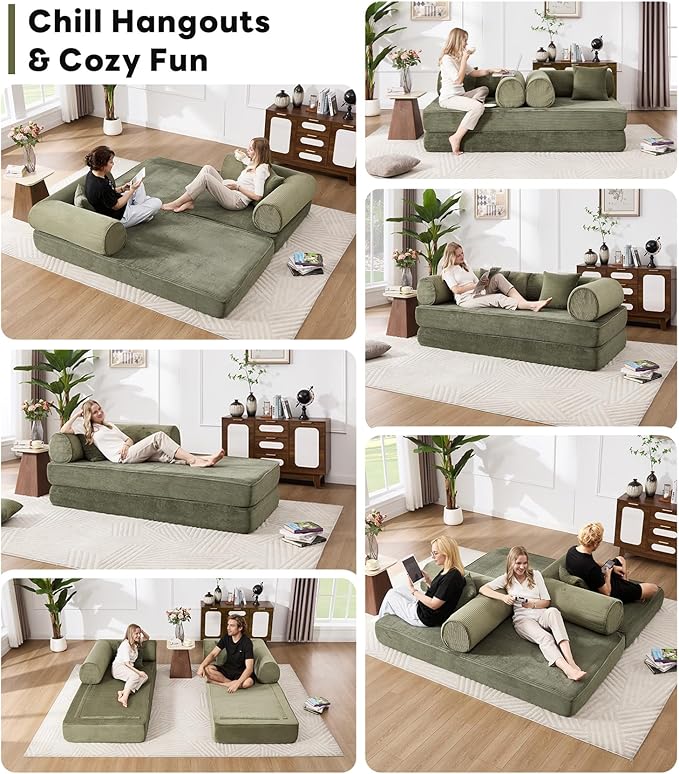 Tbfit Boneless Sofa Bed, Corduroy Compress Couch with Wide Armrests & 2 Pillows, Deep Seat Couches for Living Room
