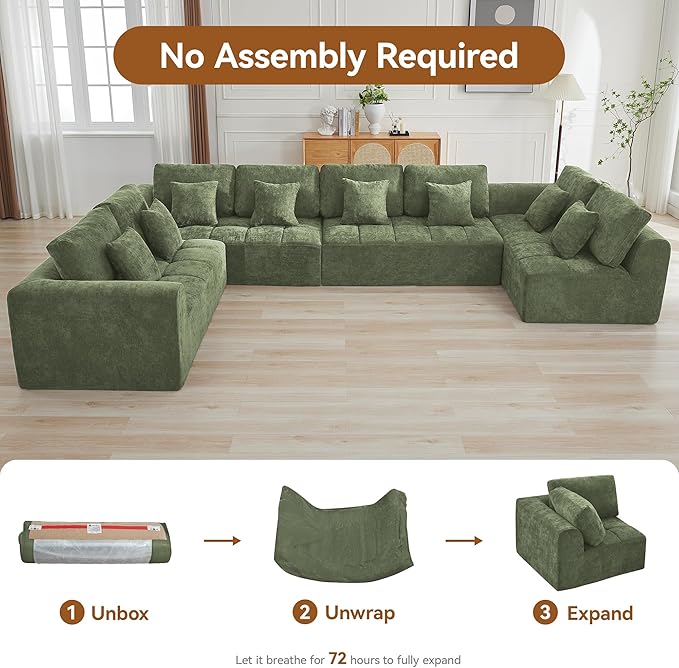 170''Modular Sectional Couches for Living Room, Cloud Boneless Compressed Sectional Sofa, Oversized U Shaped 8 Seater Upholstered Memory Foam Sofa, No Assembly, Chenille Green