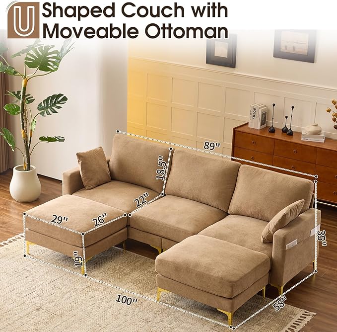 VINGLI 100" W U Shaped Couch with Ottoman, 22" Deep Seat Comfortable Sectional Couches for Living Room, 3 Seater Chenille Fabric Cloud Sofa for Apartment, Small Spaces, Bedroom, Khaki