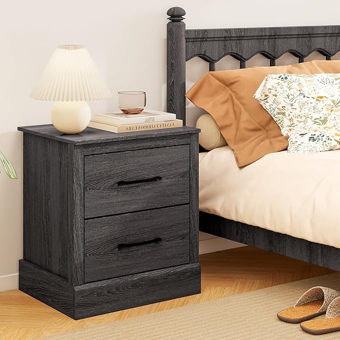 SIMOE Grey Oak Farmhouse Nightstand Set of 2, Wooden Bedside Table with 2 Storage Drawers, Compact Floor-Standing Night Stand, Accent Sofa Side Table for Bedrooms