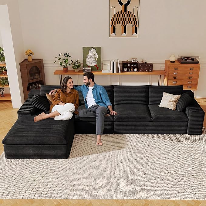 136" Cloud Sectional Couch with L-Shape Chaise, Modern Corduroy Viral Boneless Sofa for Living Room,Memory Foam Couches in a Box with Deep Seat,No Assembly Required (Black,Left-Facing Chaise)
