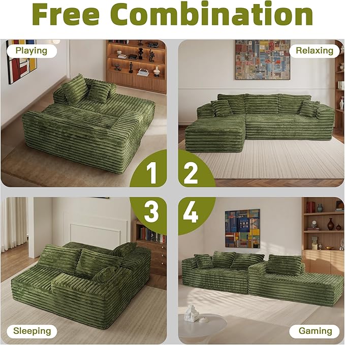 Sectional Cloud Boneless Couch for Living Room Bedroom, Comfy Modern L Shaped Modular Sofa with Left Facing Chaise, Deep Seat Memory Foam Couch in Box, No Assembly (Wide Striped Corduroy, Green)