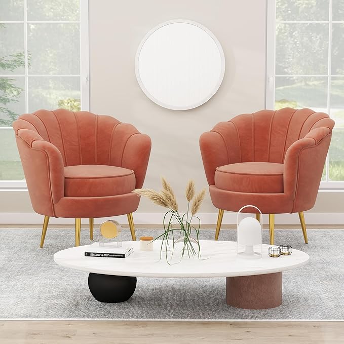 DAGONHIL Mid Century Modern Upholstered Accent Chair,Petal Vanity Chair,Retro Leisure Velvet Single Sofa with Golden Metal Legs for Living Room/Bedroom/Makeup Room, Rose Pink