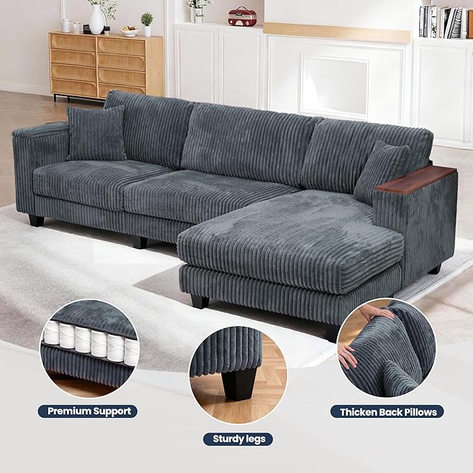FurniMix 4-Seat Corduroy Sectional Sofa with Swappable Chaise, Soft Upholstery, Wide Seats & Armrest Storage,Gray