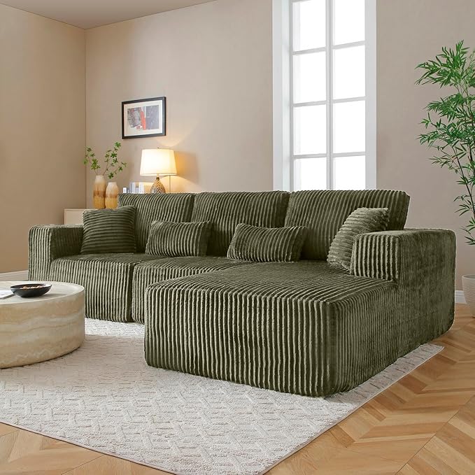 110" Cloud Sectional Couch, Modular Sectional Sofa with Deep Seat, Corduroy Upholstered Boneless Couch for Living Room Bedroom, Right Facing Chaise (Green)