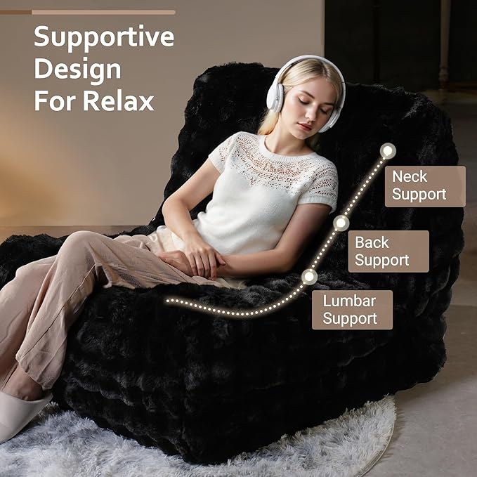 HOOOWOOO Giant Bean Bag Chair,Fireside Floor Beanbag Chair for Adult Kids,Comfy Single Sofa Couch for Bedroom,Living Room,Office (Black, Standard)