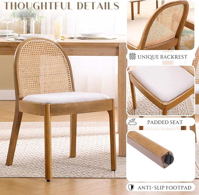 HEAH-YO Rattan Dining Chairs Set of 6, Upholstered Linen Dining Room Chairs with Backrests, Modern Kitchen Chairs with Wood Legs for Dining Room, Beige