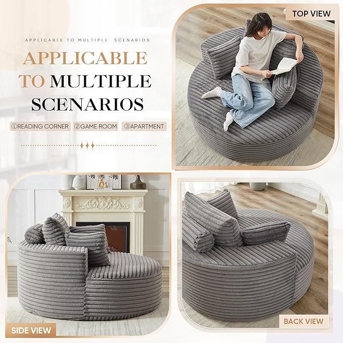 JEEOHEY Modern Round Accent Sofa Chair for Living Room, Upholstered Corduroy Barrel Lounge Arm Chair with Large seat&Throw Pillows for Bedroom, Office, Apartment, Grey