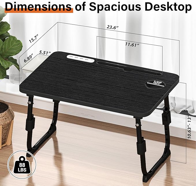 DECOSIS Laptop Desk for Bed Height Adjustable, Lap Bed Table with USB/Storage Drawer/Cup Holder/Tablet Stand/Book Shelf, Foldable Breakfast Tray Portable for Reading Writing, Sofa & Floor, Black
