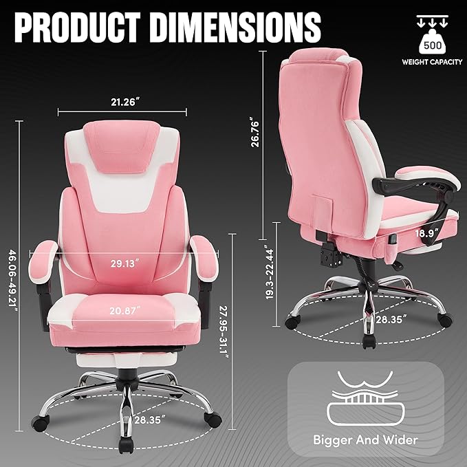 Massage Office Chair with Footrest,6-Point Vibration and Heat Executive Office Chairs,Ergonomic Desk Chair for Heavy People,500LBS Big and Tall Fabric Office Chair,Reclining Managerial Chair,Pinkwhite