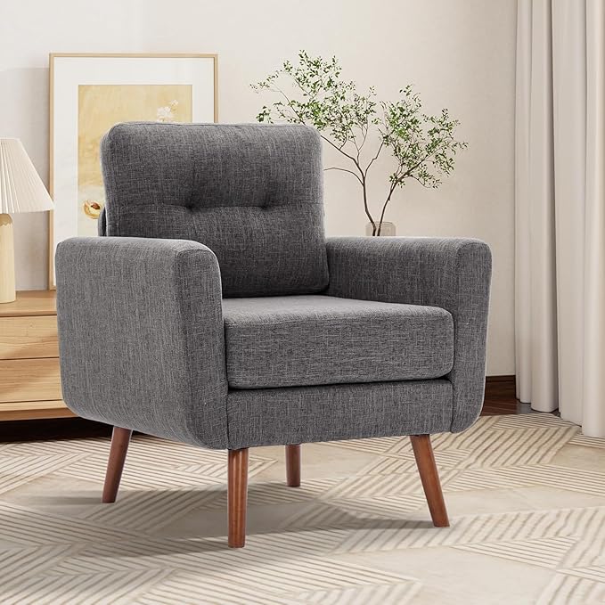 Tbfit Accent Chair, Reading Chair for Living Room & Bedroom, Mid Century Modern Arm Chair, Button Tufted Upholstered Accent Chairs Sofa with Solid Wood Frame, Grey | linen fabric, button tufted, solid wood foot, pocket spring, wood slats frame